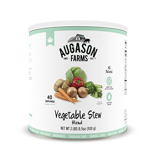 <p><strong>Augason Farms</strong></p><p>amazon.com</p><p><strong>$15.70</strong></p><p><a href="https://www.amazon.com/dp/B0096I9H7E?tag=syn-yahoo-20&ascsubtag=%5Bartid%7C10055.g.5147%5Bsrc%7Cyahoo-us" rel="nofollow noopener" target="_blank" data-ylk="slk:Shop Now;elm:context_link;itc:0;sec:content-canvas" class="link ">Shop Now</a></p><p>This pick strays from the others on this list because while it is canned, the contents are dehydrated vegetables. Mix with water and boil and you've got yourself a vegetable stew. We recommend adding beans or chicken for a protein boost. You can also rehydrate the contents with less water and add to omelettes or casseroles. This choice is super low in sodium with 45 mg per serving, it is a good source of fiber with 3 grams and rich in potassium. </p>