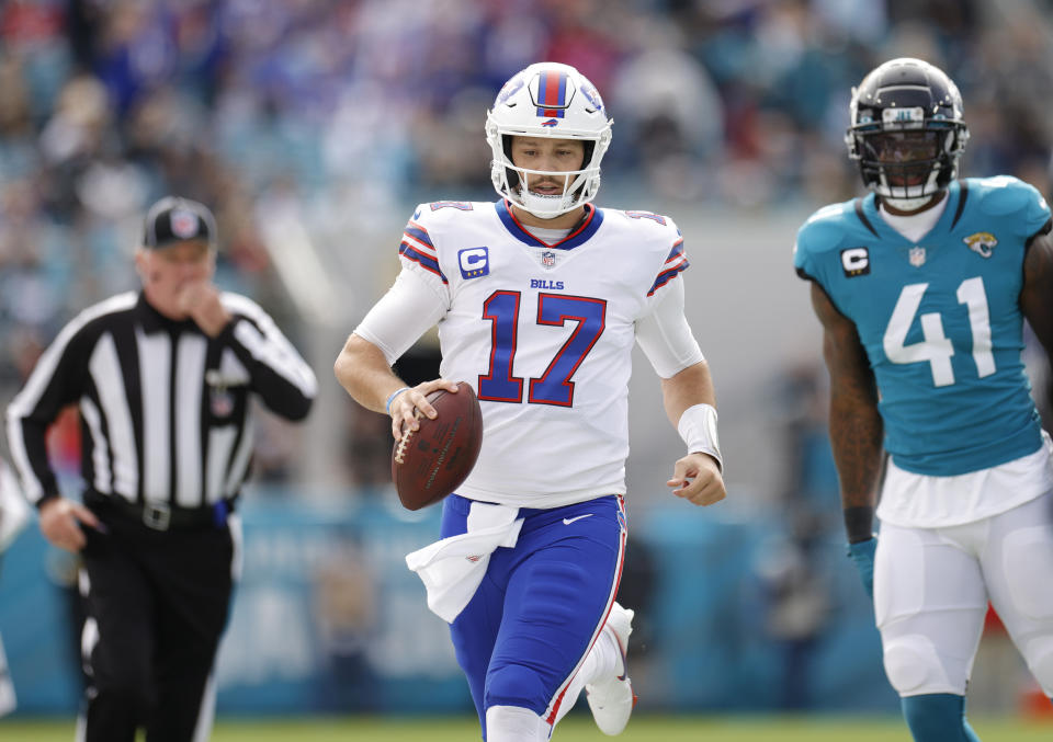 Josh Allen sacked Josh Allen on Sunday, a first in NFL history. (Photo by Douglas P. DeFelice/Getty Images)