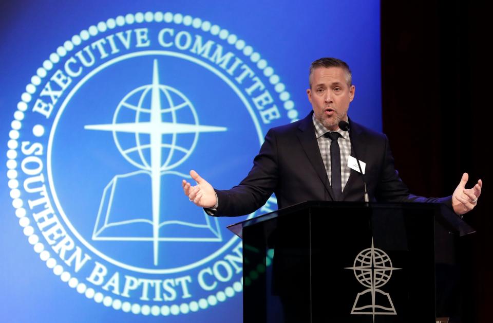 Southern Baptist Convention President J.D. Greear speaks to the denomination's executive committee Feb. 18, 2019, in Nashville. Just days after a newspaper investigation revealed hundreds of sexual abuse cases by Southern Baptist ministers and lay leaders over the past two decades, Greear spoke about plans to address the problem.