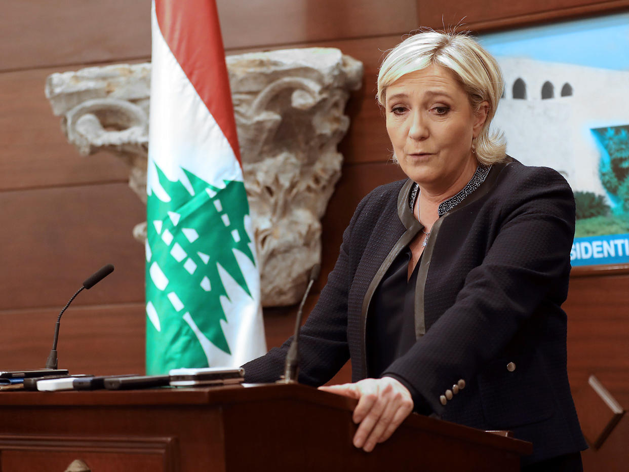 The French far-right leader speaks during a press conference at the presidential palace in Lebanon: Getty