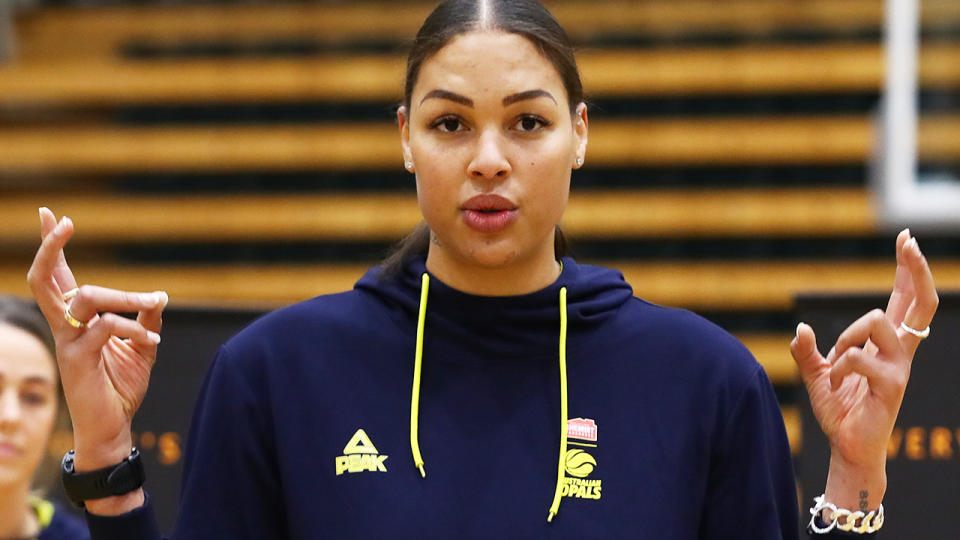 Liz Cambage, pictured here speaking to the media in Melbourne.