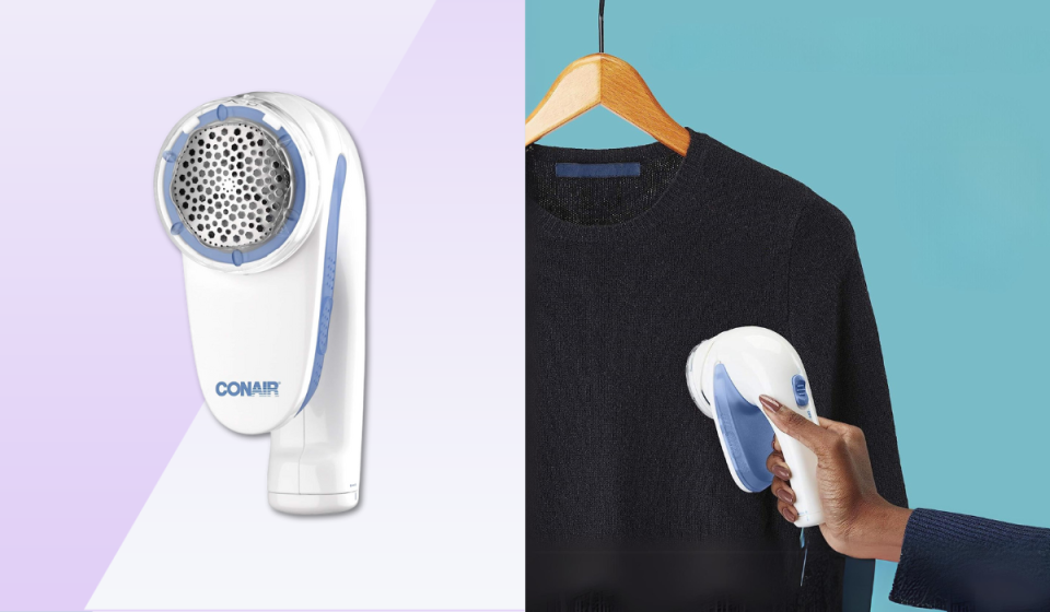 fabric shaver next to person shaving sweater