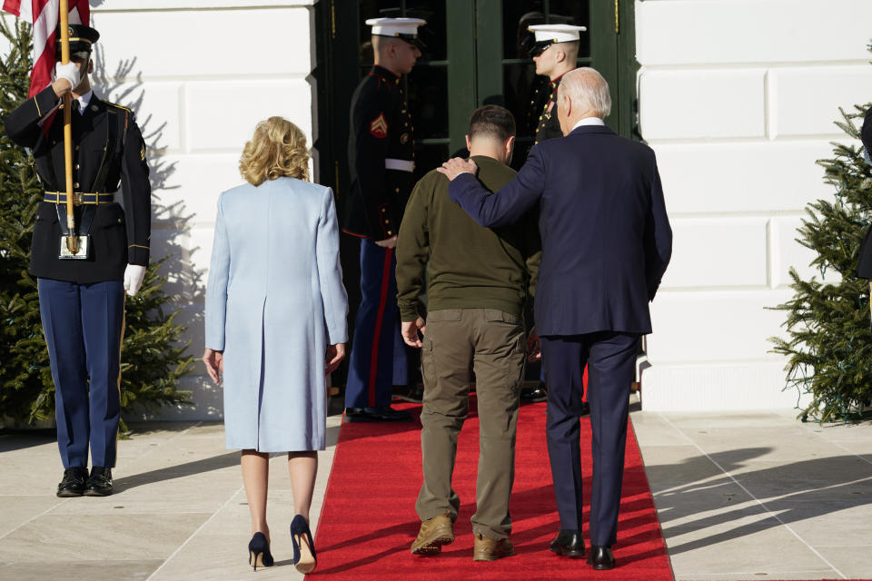 President Joe Biden and first lady Jill Biden, welcome Ukraine's President Volodymyr Zelenskyy at the White House in Washington, Wednesday, Dec. 21, 2022. (AP Photo/Andrew Harnik)