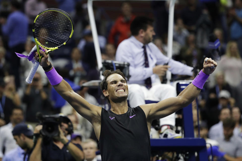 Rafael Nadal, of Spain, celebrates after defeating Matteo Berrettini, of Italy, in the men's singles semifinals of the U.S. Open tennis championships Friday, Sept. 6, 2019, in New York. (AP Photo/Adam Hunger)