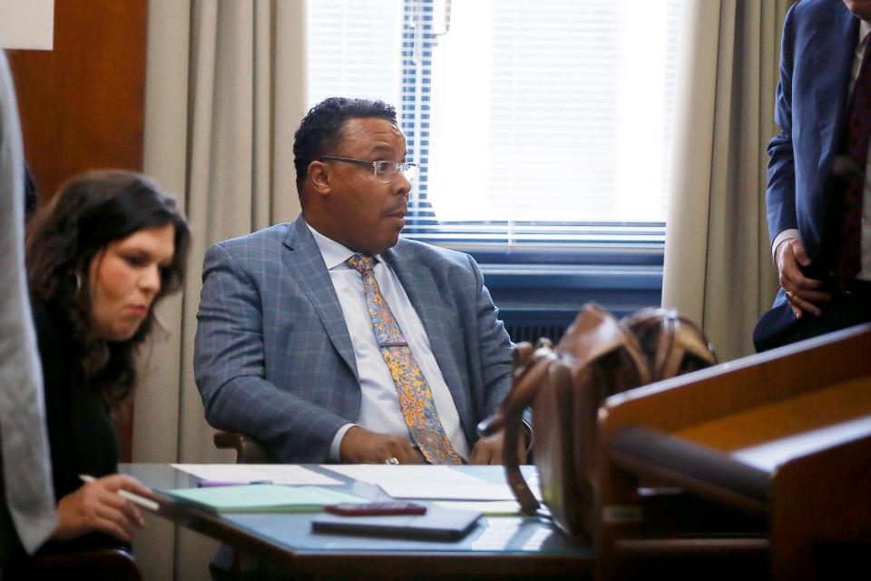 The Rev. Derrick Scobey sits inside the courtroom of Oklahoma County Special Judge Perry Hudson in June. Scobey was in court on charges related to his arrest at a Julius Jones' prayer vigil in November 2021.