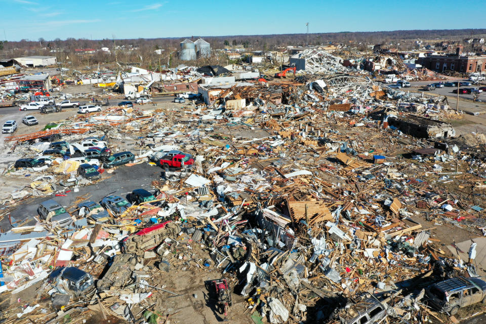 MAYFIELD, KENTUCKY - DECEMBER 12: An aerial photo shows a damage as cleanup efforts continue after tornado hit Mayfield, Kentucky, United States on December 12, 2021. (Photo by Tayfun Coskun/Anadolu Agency via Getty Images)