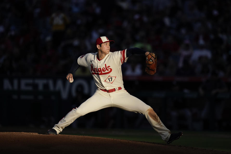 Los Angeles Angels starting pitcher Shohei Ohtani throws to a Chicago White Sox batter during the second inning of a baseball game Wednesday, June 29, 2022, in Anaheim, Calif. (AP Photo/Jae C. Hong)