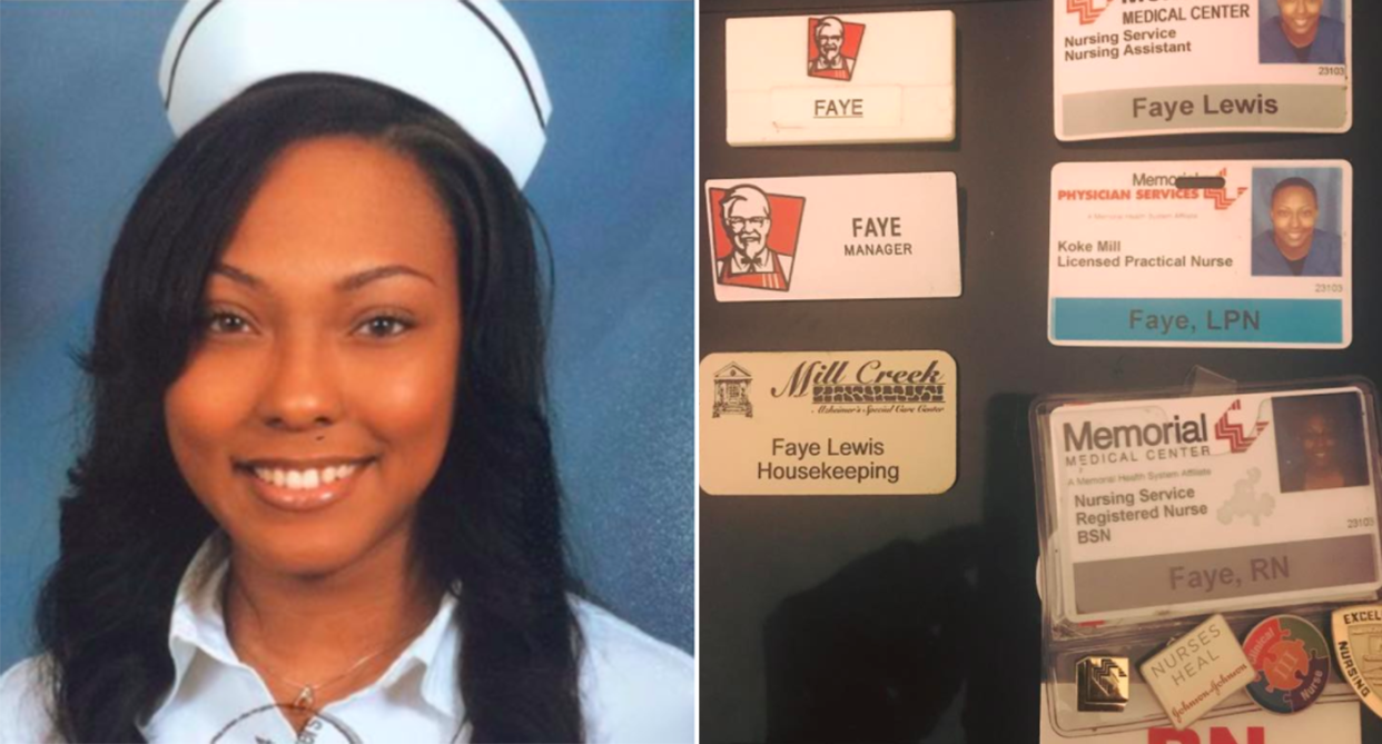 The hard-working Faye Lewis, who is now a nurse, and her ID tags from all of her jobs over the years. (Photo: Faye Lewis)