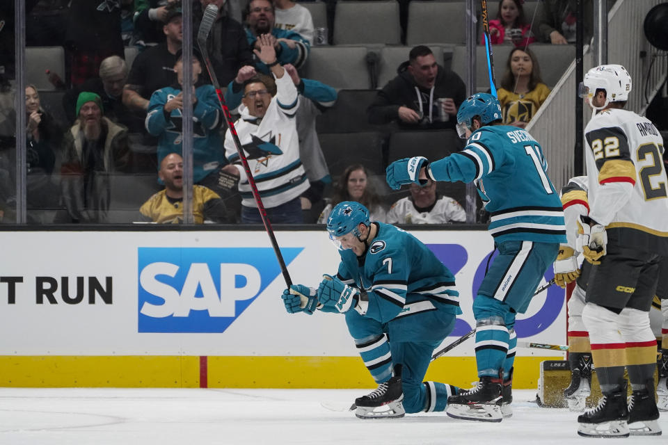San Jose Sharks center Nico Sturm (7) celebrates after scoring against the Vegas Golden Knights during the second period of an NHL hockey game in San Jose, Calif., Tuesday, Oct. 25, 2022. (AP Photo/Godofredo A. Vásquez)