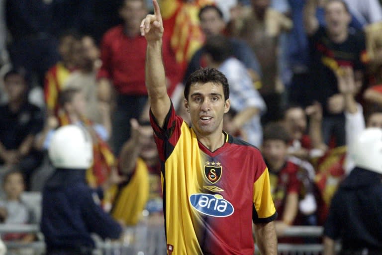 Hakan Sukur, then of Galatasaray, celebrates a goal during the Champions League preliminary match against CSKA Sofia at the Olympic stadium in Istanbul on August 13, 2003