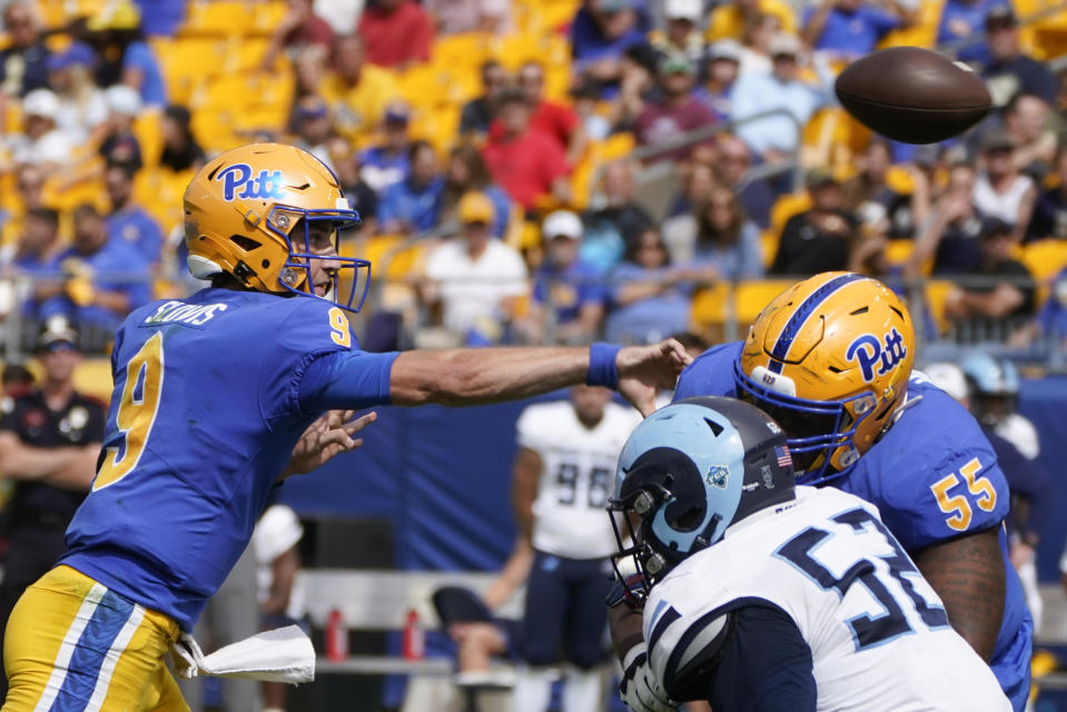 Pittsburgh quarterback Kedon Slovis (9) passes against Rhode Island during the first half of an NCAA college football game, Saturday, Sept. 24, 2022, in Pittsburgh. (AP Photo/Keith Srakocic)