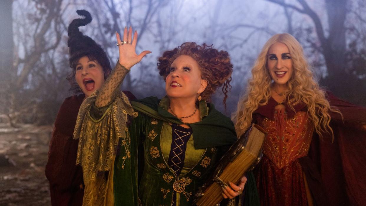 Kathy Najimy as Mary Sanderson, Bette Midler as Winifred Sanderson, and Sarah Jessica Parker as Sarah Sanderson in Disney's live-action HOCUS POCUS 2, exclusively on Disney+