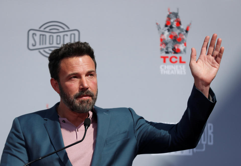 Actor Ben Affleck gestures as he speaks during a handprint and footprint ceremony for Kevin Smith and Jason Mewes, at the forecourt of the TCL Chinese Theatre, in Los Angeles, California, U.S. October 14, 2019. REUTERS/Mario Anzuoni