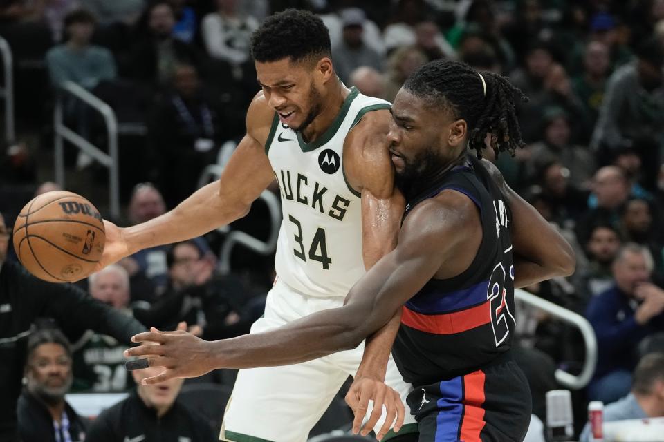 Milwaukee Bucks' Giannis Antetokounmpo tries to get past Detroit Pistons' Isaiah Stewart during the first half of an NBA basketball game Wednesday, Nov. 2, 2022, in Milwaukee. (AP Photo/Morry Gash)