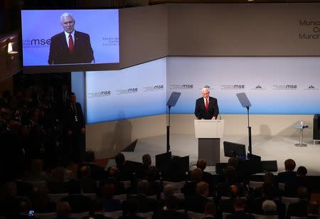 U.S. Vice President Mike Pence delivers his speech during the 53rd Munich Security Conference in Munich, Germany, February 18, 2017. REUTERS/Michael Dalder