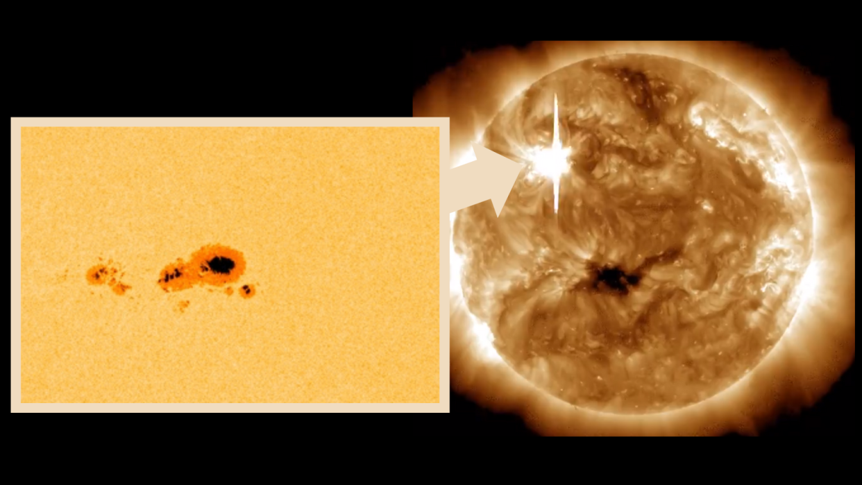  (Left) AR3590 the largest sunspot of the current solar cycle (Right) AR3590 explodes with powerful solar flares. 