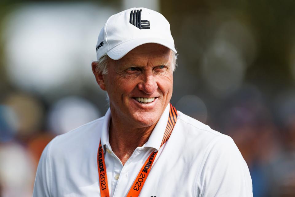 April 21, 2023;  Adelaide, South Australia AUS;  Greg Norman on the practice ground before the first round of the LIV Golf Adelaide golf tournament at Grange Golf Club.  Mandatory Credit: Mike Frey-USA TODAY Sports