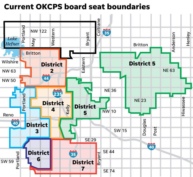 The previous Oklahoma City Public Schools board seat boundaries, depicted here, were drawn from the 2010 U.S. Census. These boundaries were changed in light of the 2020 U.S. Census to a new map following a board vote Nov. 14, 2022.