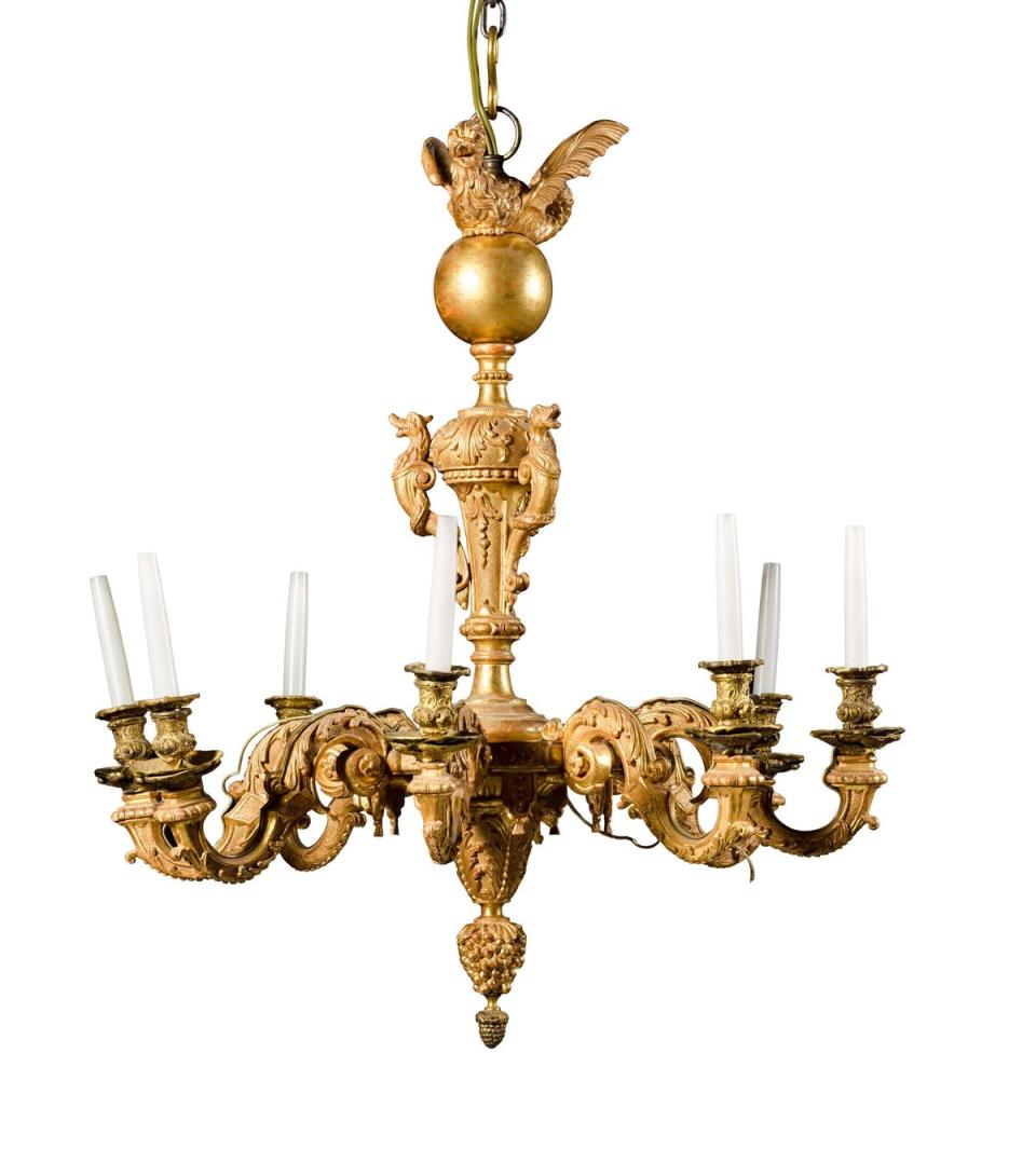 Lot 31: a Queen Anne carved giltwood and gilt-metal eight-light chandelier, circa 1710-15, Estimate £80,000 - 120,000 (Sotheby's)