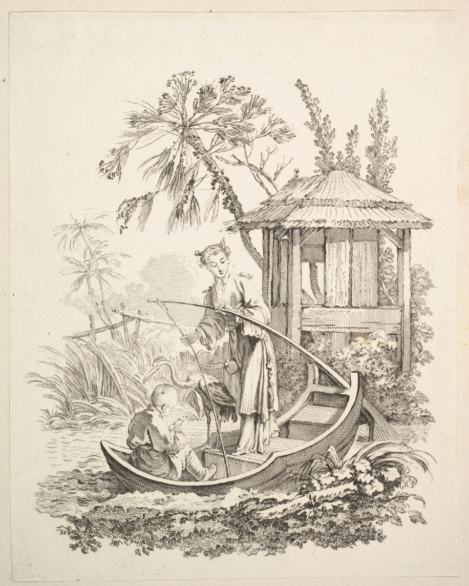 An etching of a woman and child on a boat with a bird surrounded by foliage. The woman rows the boat as the young boy sits in front of her examining a fish.