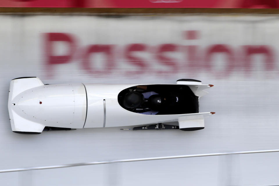 <p>Russia’s Nadezhda Sergeeva and Anastasia Kocherzhova speed through the tracks during the women’s bobsled training run at the 2018 Winter Olympics in Pyeongchang, South Korea, Sunday, Feb. 18, 2018. (AP Photo/Wong Maye-E) </p>