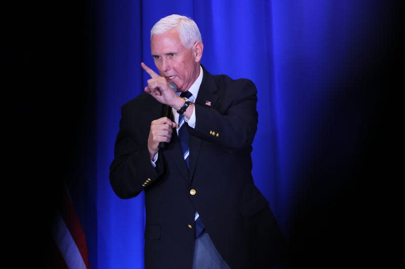 NASHUA, NEW HAMPSHIRE - OCTOBER 14: Republican presidential candidate former U.S. Vice President Mike Pence speaks during the 2023 First in the Nation Leadership Summit on October 14, 2023 in Nashua, New Hampshire.