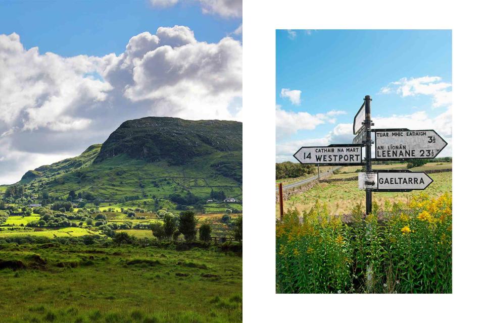 <p>Courtesy of Tourism Ireland; Dorling Kindersley ltd/Alamy Stock Photo</p> A view of the countryside in Connemara, Ireland; a road sign in English and Gaeilge in Connemara, Ireland.