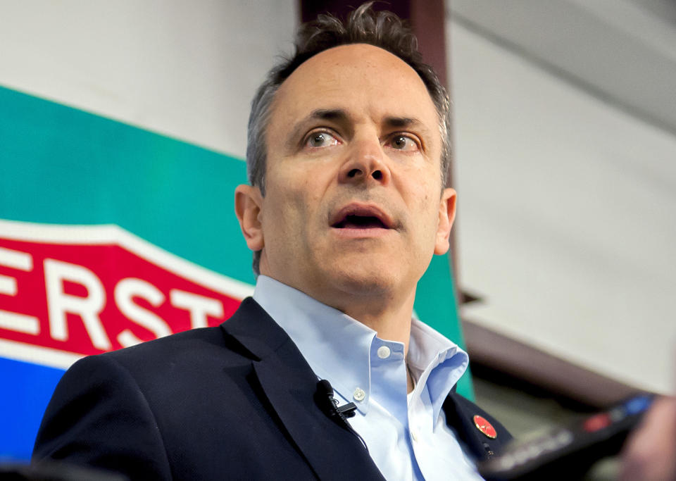 FILE - In this March 26, 2019, file photo, Kentucky Gov. Matt Bevin speaks with the media during an event about the new Interstate 165 in Bowling Green, Ky. Kentucky Republicans will give an initial verdict on Bevin’s job performance in the state's primary election Tuesday, May 21. Meanwhile, Democrats will choose from three prominent candidates looking to challenge Bevin, an ally of President Donald Trump. (Bac Totrong/Daily News via AP, File)