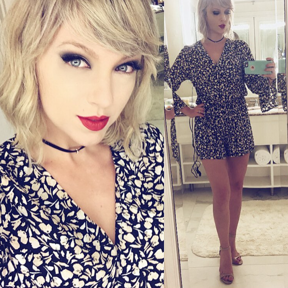 Like Taylor, April sports side-swept blonde bangs and loves wearing bright red lipstick (Copyright: Instagram/April Gloria)