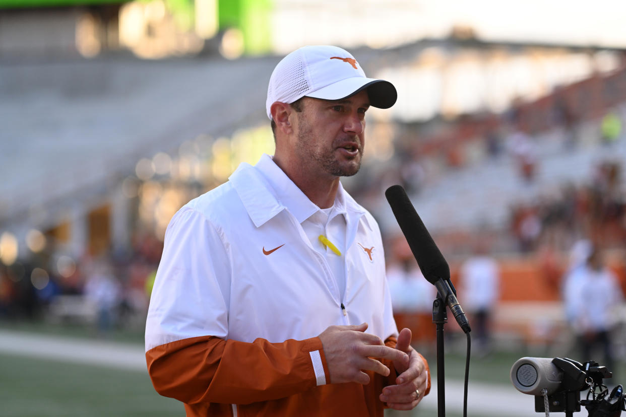 Former Texas coach Tom Herman talks to the media after a Longhorns game on Oct. 24, 2020. (John Rivera/Icon Sportswire via Getty Images)