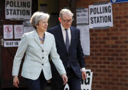 Britain's Prime Minister Theresa May and her husband Philip leave a polling station after voting in the European Elections in Sonning, England, Thursday, May 23, 2019.(AP Photo/Frank Augstein)