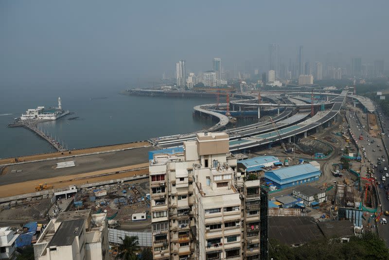 A general view of residential buildings amidst the coastal road construction work in Mumbai