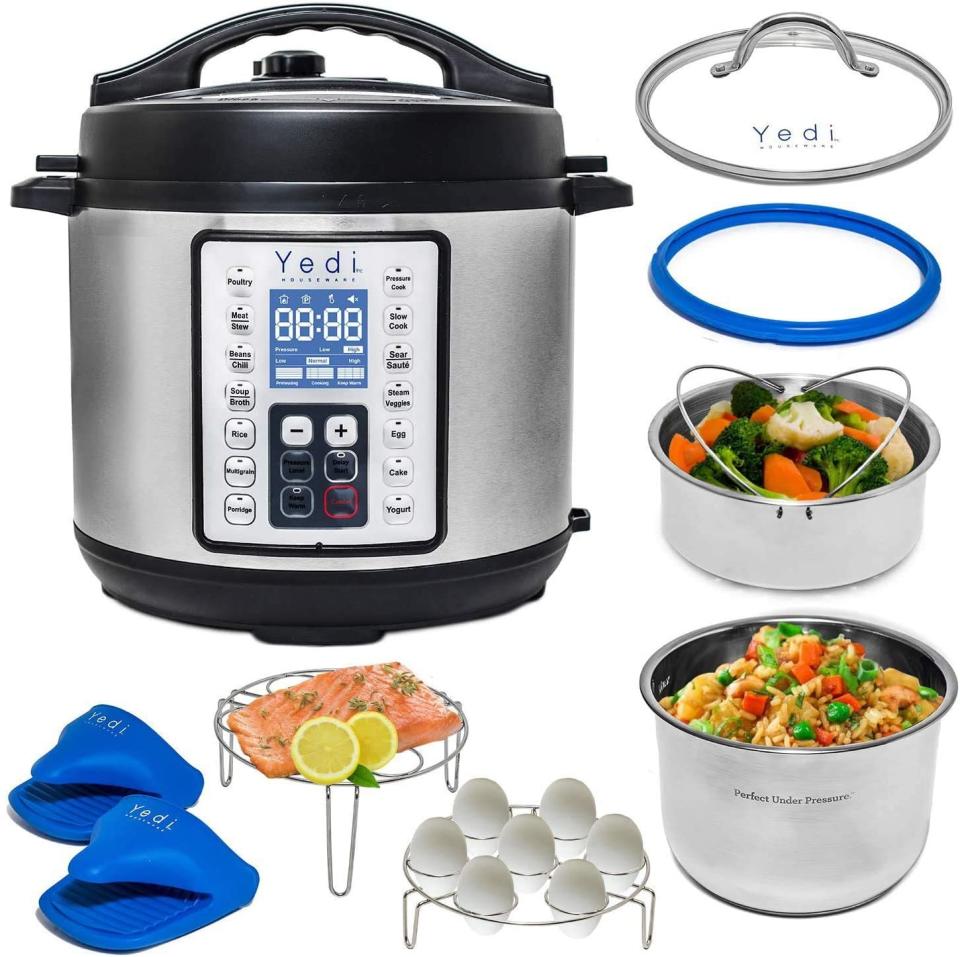 A programmable pressure cooker with a deluxe accessory kit