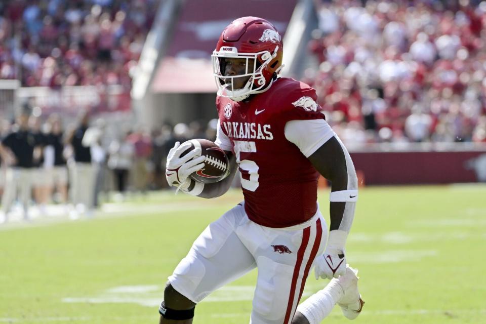 Arkansas running back Raheim Sanders runs for a touchdown against South Carolina on Sept. 10.