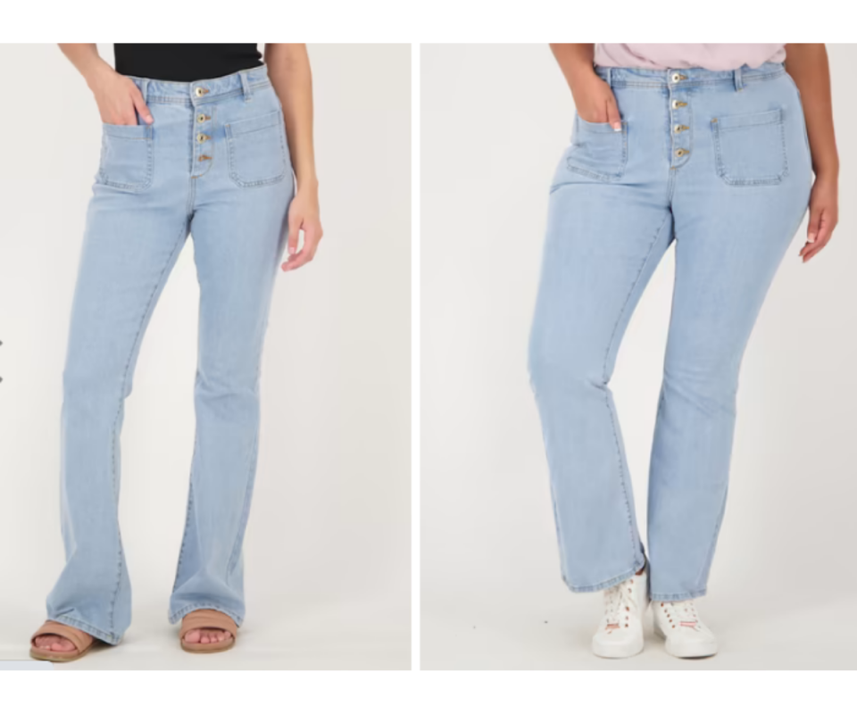 Two side by side images of a slim girl and curvaceous girl wearing pale blue denim button up ankle flared jeans against a cream background.