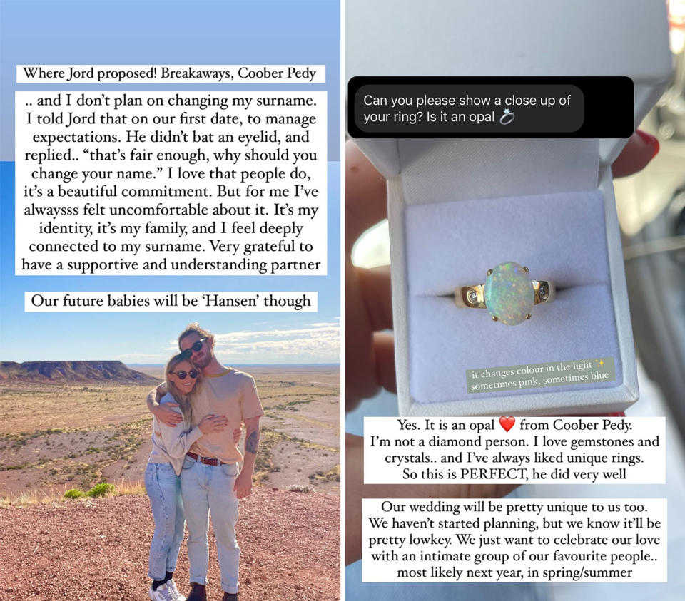 L: Screenshot of text explaining Sam's decision not to take Jordie's last name over a photo of the pair at Breakaways, Coober Pedy. R: Close up shot of Sam's engagement ring with text about why he chose an opal