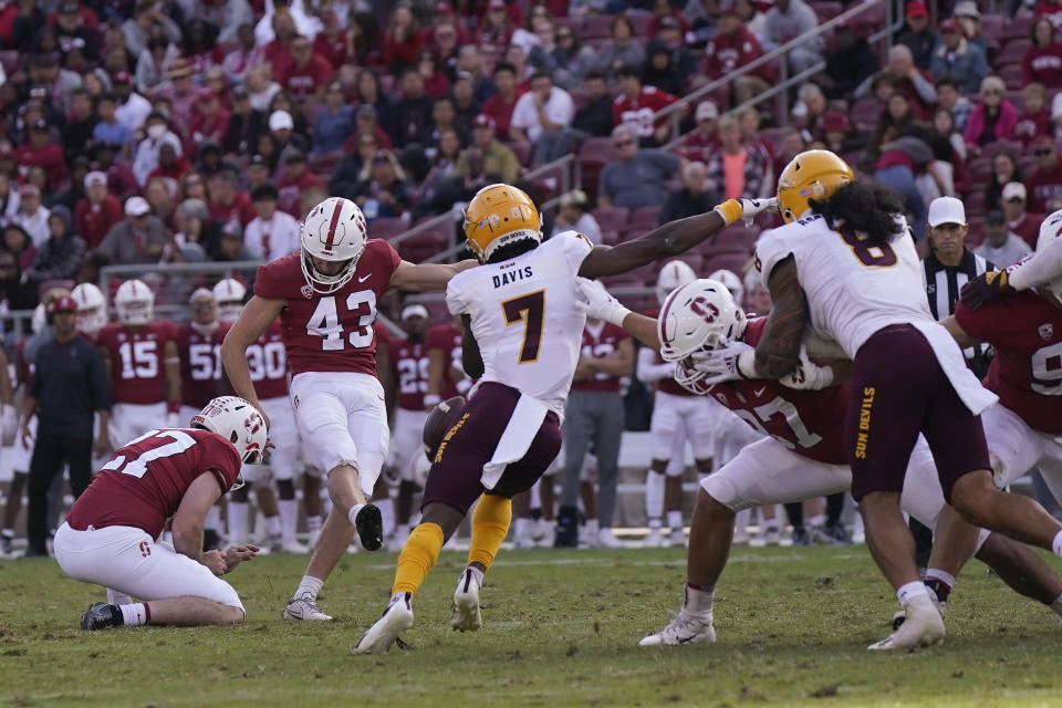 Stanford place-kicker Joshua Karty (43) hits the go-ahead field goal during the fourth quarter of the team's NCAA college football game against Arizona State in Stanford, Calif., Saturday, Oct. 22, 2022. (AP Photo/Jeff Chiu)