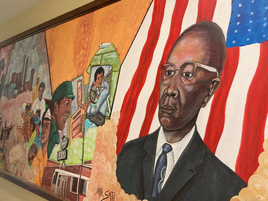 The far right side of the 12-foot mural depicting H.W. Sewing, founder in 1947 of the Douglass State Bank, the first Black-owned bank in Kansas. The mural now hangs in the Black Archives of Mid-America.