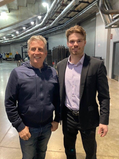 Hockey Hall of Fame goaltender Mike Vernon (left), and son Matt, the Jacksonville Icemen goalie, at Vystar Veterans Memorial Arena after a recent 2-1 overtime win over the Florida Everblades. (Credit: Gene Frenette/The Times-Union)