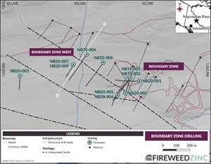 Map 2 – Boundary Zone: Locations of the 2020 diamond drill holes and cross-section B-B’.