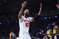 New York Knicks' Taj Gibson (67) gestures to the crowd during the second half of an NBA basketball game against the Indiana Pacers Monday, Nov. 15, 2021, in New York. The Knicks won 92-84.(AP Photo/Frank Franklin II)