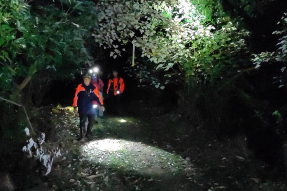 台南市消防局18日獲報東山區有登山客不慎滑落山谷受困，警義消及當地住民在暗夜中執行搜救，19日清晨將受困者護送下山。（圖／台南市消防局第一大隊提供）
