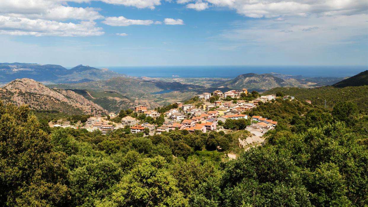  Distant cityscape in valley, Villagrande Strisaili, Ogliastra, Italy 