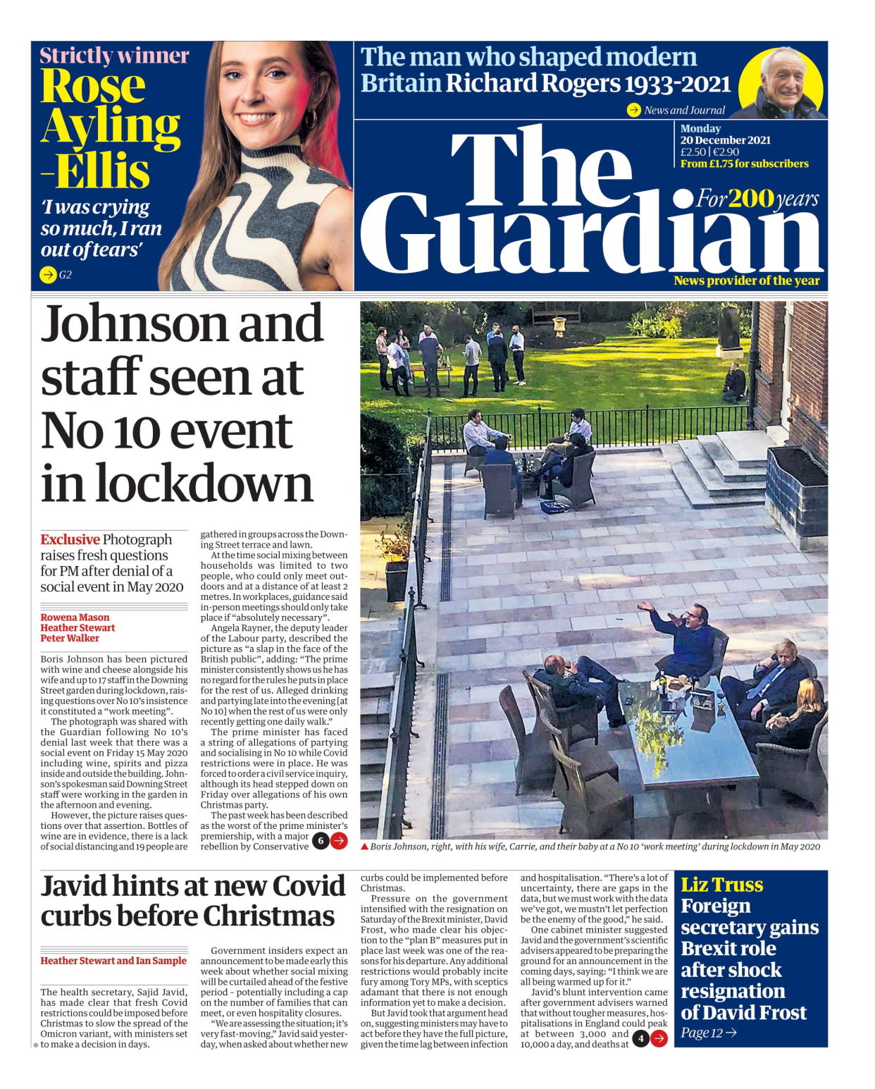 The Guardian's front page on Monday shows a photo of a gathering in the Downing Street Garden. (The Guardian)