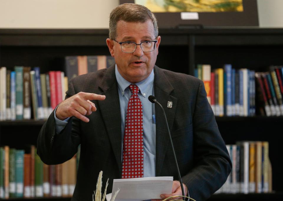 Tom Peters, dean of library services at MSU, speaks at the 2021 announcement that the Ozarks would be featured in the 2023 folklife festival.