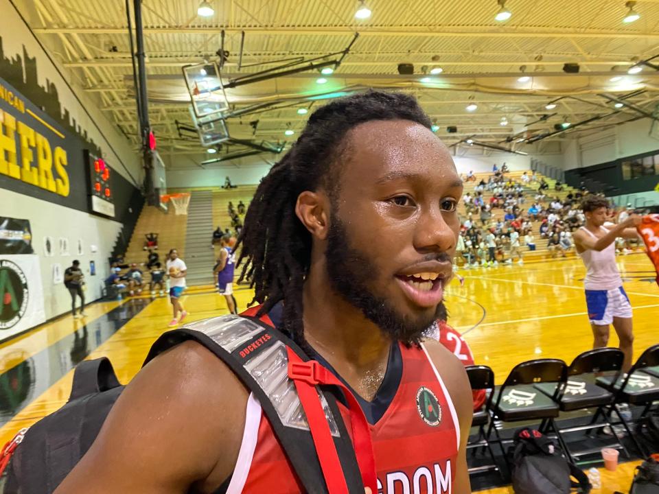 Ohio State freshman Bruce Thornton smiles after playing in the Kingdom Summer League at Ohio Dominican University on July 3, 2022.