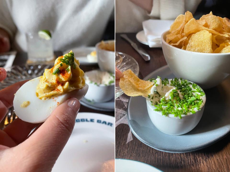 deviled eggs and chips and dip from Pebble Bar