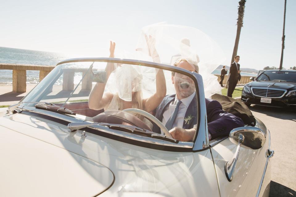 The bride combined California cool with English tradition, wore two Carolina Herrera dresses, and drove off in a vintage Porsche.