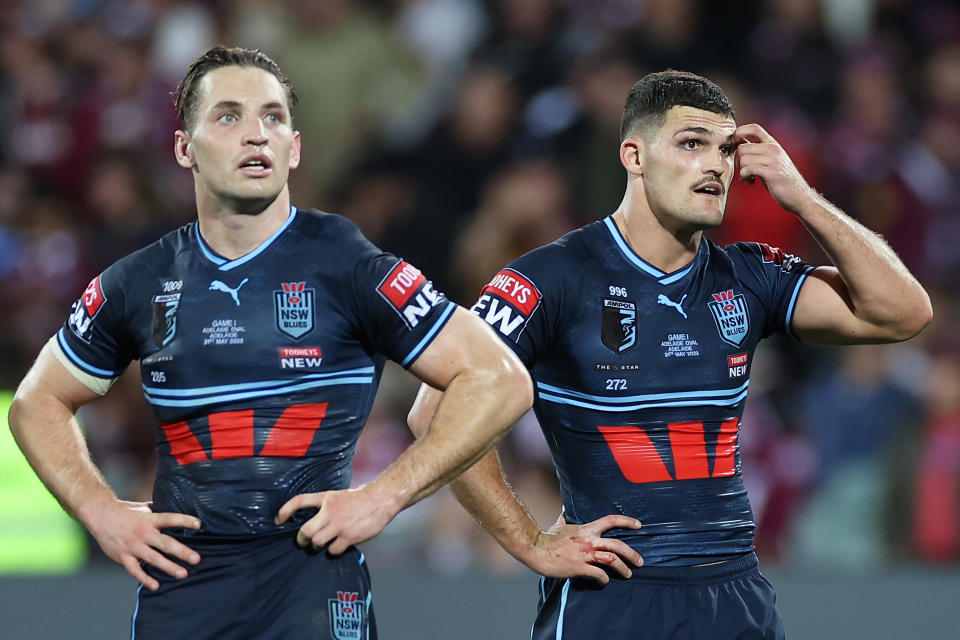 Cameron Murray and Nathan Cleary react during Origin.