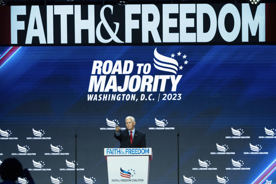 FILE - Republican presidential candidate former Vice President Mike Pence speaks during the Faith and Freedom Coalition Policy Conference in Washington, June 23, 2023. Pence is leaning in on his anti-abortion stance as he campaigns for the Republican presidential nomination. Pence says he does not support exceptions in the case of nonviable pregnancies, when doctors have determined there is no chance a baby will survive outside the womb.(AP Photo/Jose Luis Magana, File)